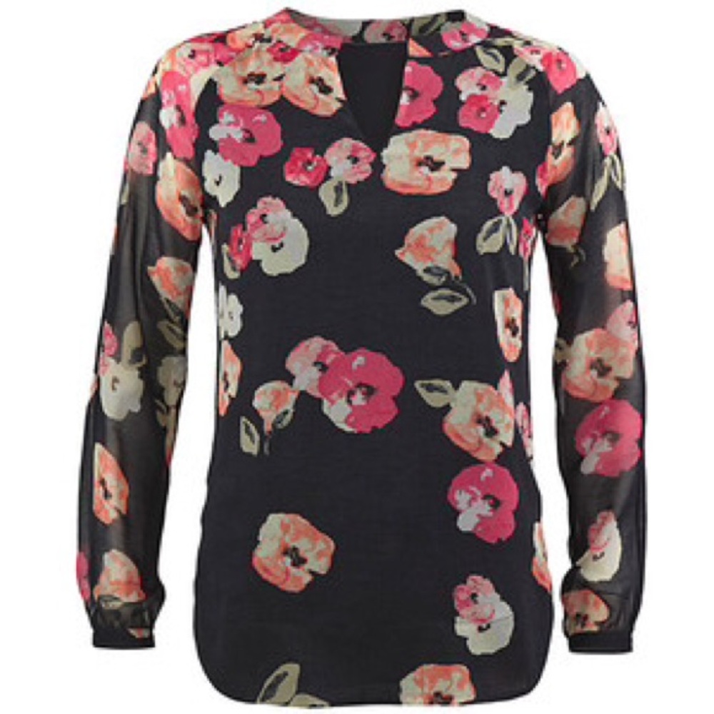 CAbi Black Floral Keyhole Tunic with Pink and Cream Blossoms